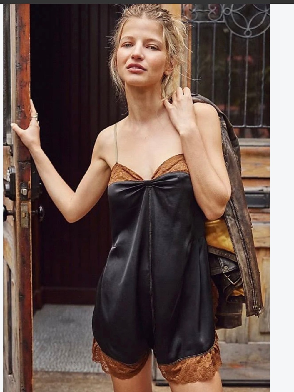 Free People Intimately First Date Romper Black Cami Romper with Brown Lace Trim